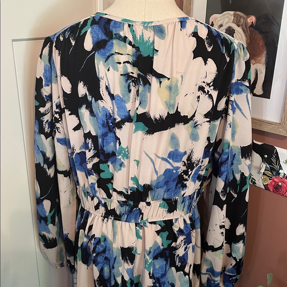 PrettyGarden Floral Blue cream Black watercolor vneck long sleeve XL Maxi Dress - Picture 11 of 16